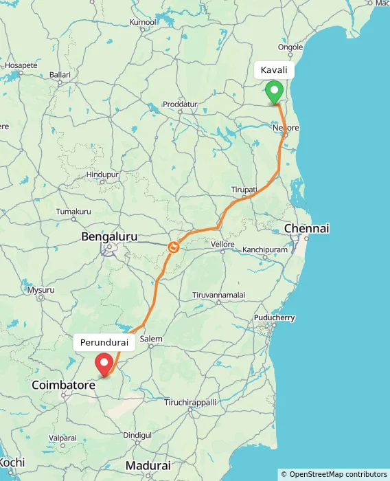 Route map showing distance and travel time from Kavali, India to Perundurai, India