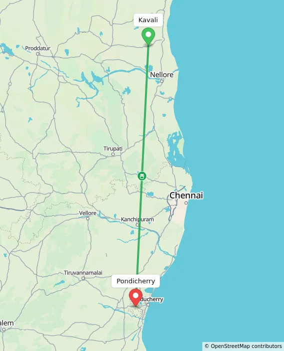 Route map showing distance and travel time from Kavali, India to Puducherry, India