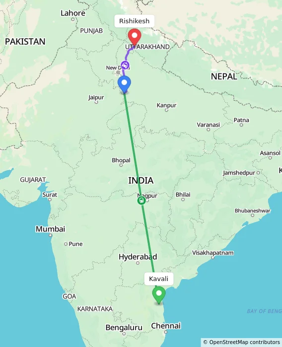 Route map showing distance and travel time from Kavali, India to Rishikesh, India