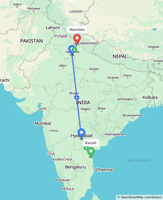 Route map showing distance and travel time from Kavali, India to Roorkee, India