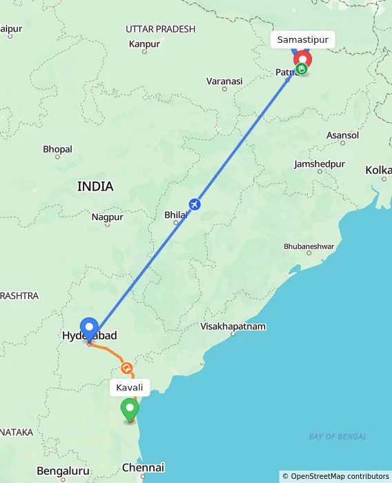 Route map showing distance and travel time from Kavali, India to Samastipur, India