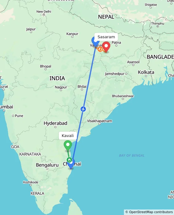 Route map showing distance and travel time from Kavali, India to Sasaram, India