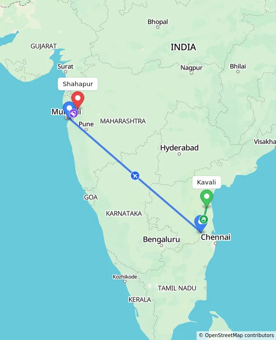 Route map showing distance and travel time from Kavali, India to Shahapur, India