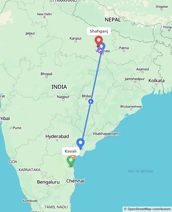 Route map showing distance and travel time from Kavali, India to Shahganj, India