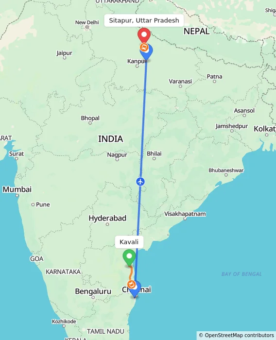 Route map showing distance and travel time from Kavali, India to Sitapur, Uttar Pradesh, India
