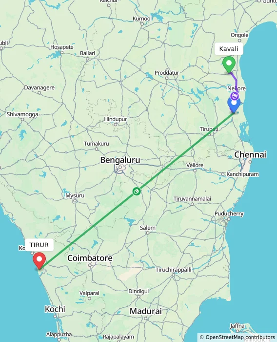 Route map showing distance and travel time from Kavali, India to TIRUR, India