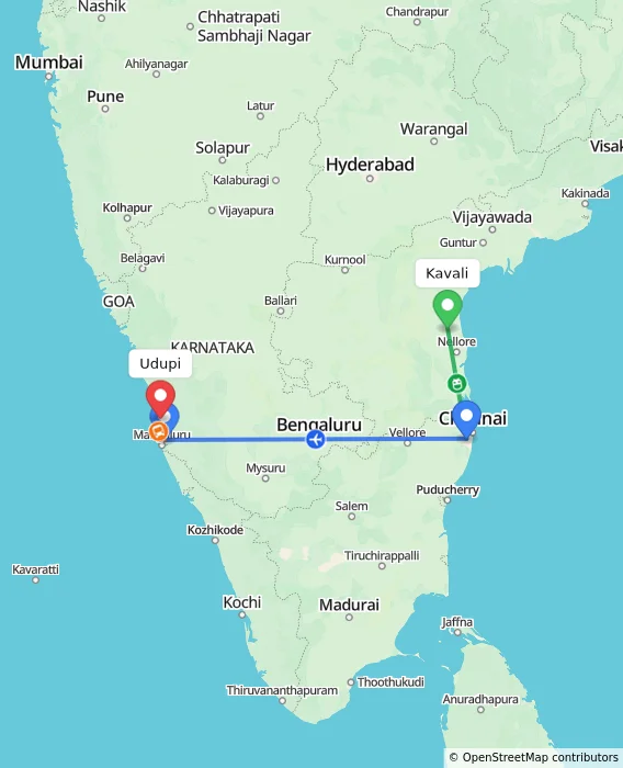 Route map showing distance and travel time from Kavali, India to Udupi, India