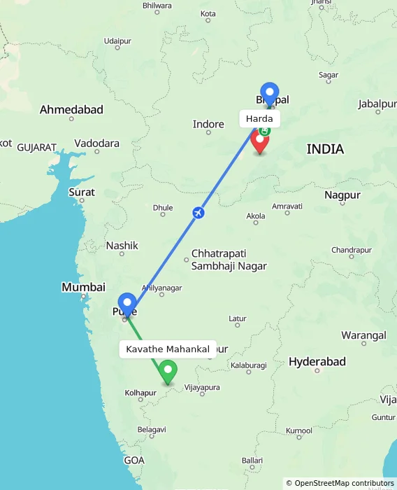 Route map showing distance and travel time from Kavathe Mahankal, India to Harda, India