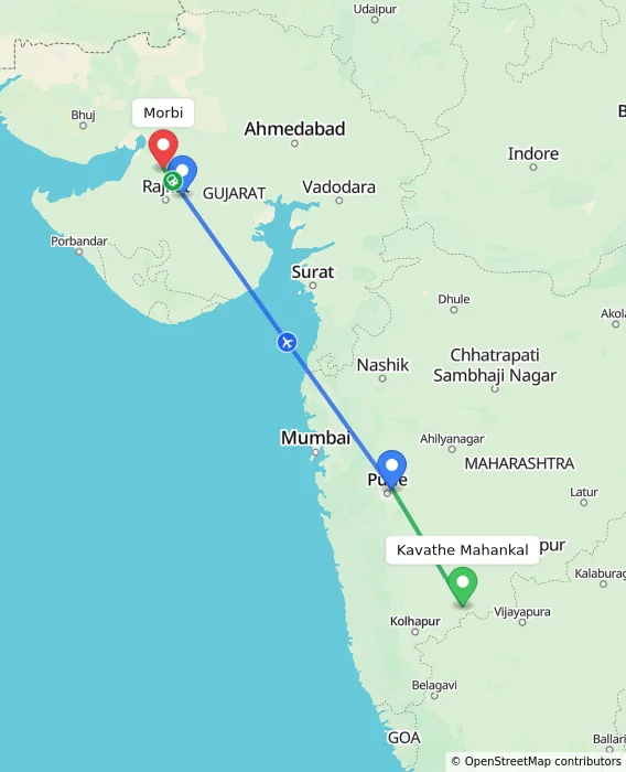 Route map showing distance and travel time from Kavathe Mahankal, India to Morbi, India