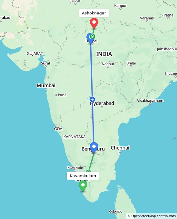 Route map showing distance and travel time from Kayamkulam, India to Ashoknagar, India