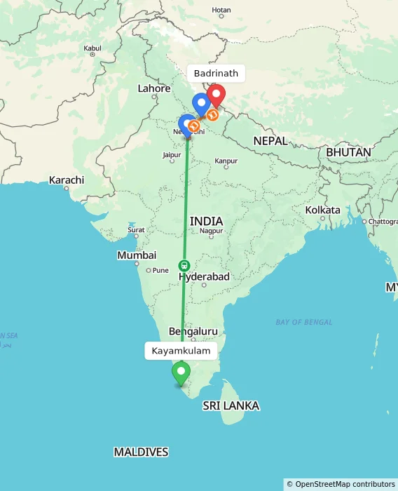 Route map showing distance and travel time from Kayamkulam, India to Badrinath, India