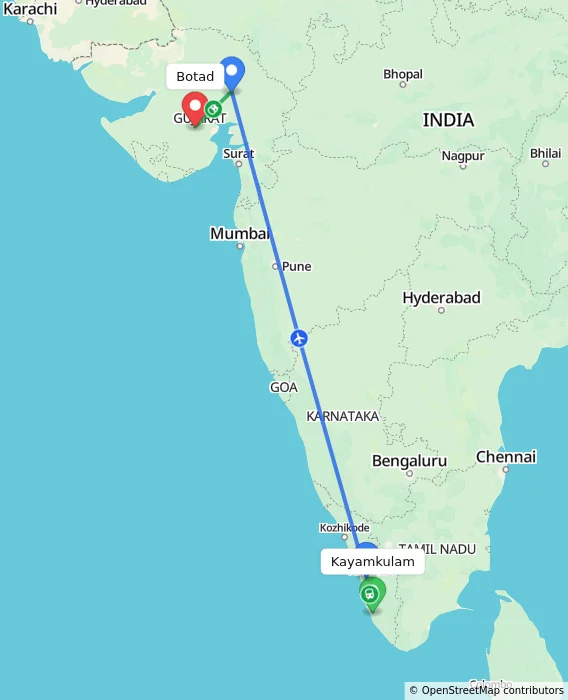 Route map showing distance and travel time from Kayamkulam, India to Botad, India