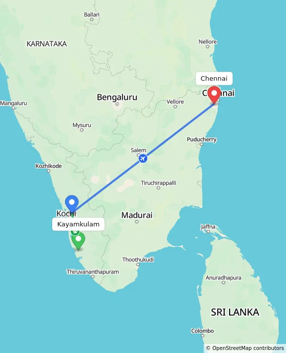 Route map showing distance and travel time from Kayamkulam, India to Chennai, India