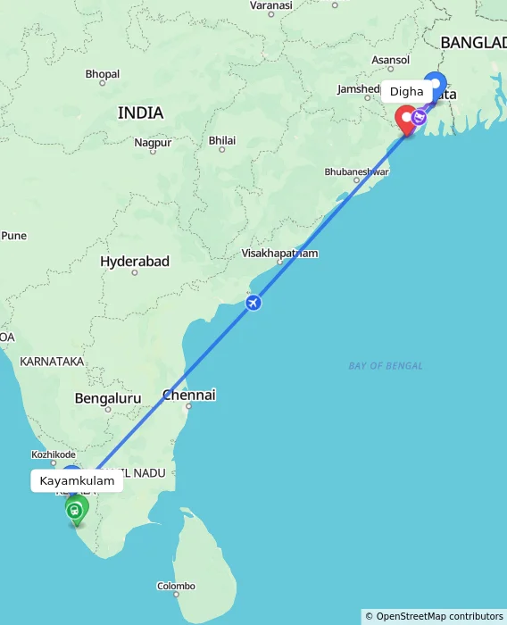 Route map showing distance and travel time from Kayamkulam, India to Digha, India