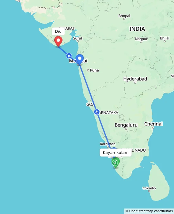 Route map showing distance and travel time from Kayamkulam, India to Diu, India