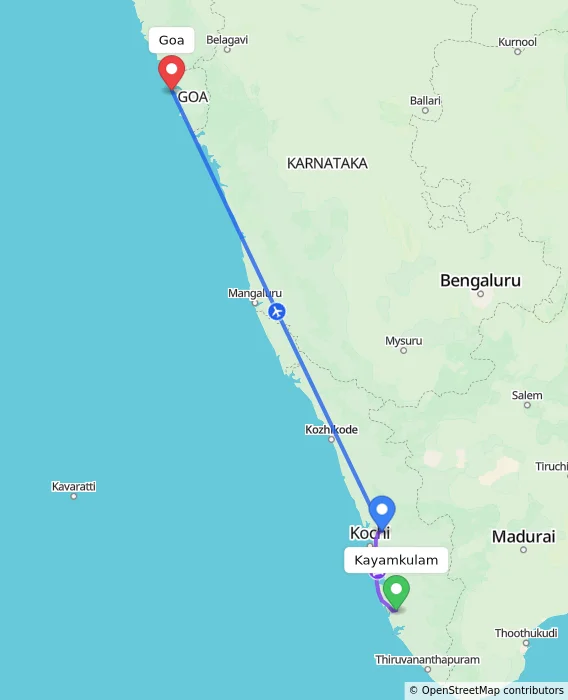 Route map showing distance and travel time from Kayamkulam, India to Goa, India