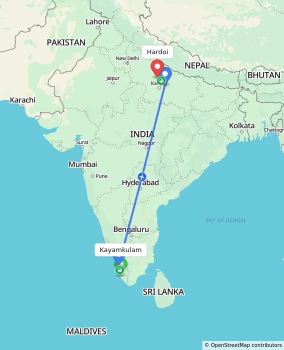 Route map showing distance and travel time from Kayamkulam, India to Hardoi, India