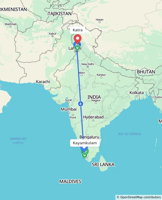 Route map showing distance and travel time from Kayamkulam, India to Katra, India