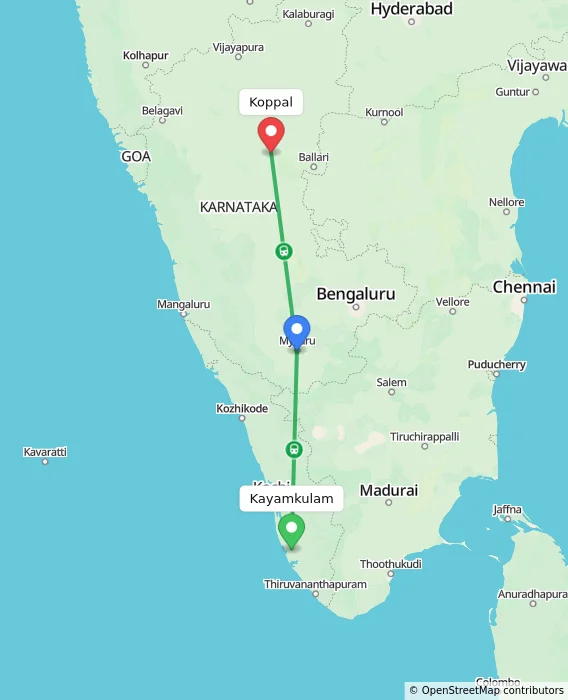 Route map showing distance and travel time from Kayamkulam, India to Koppal, India