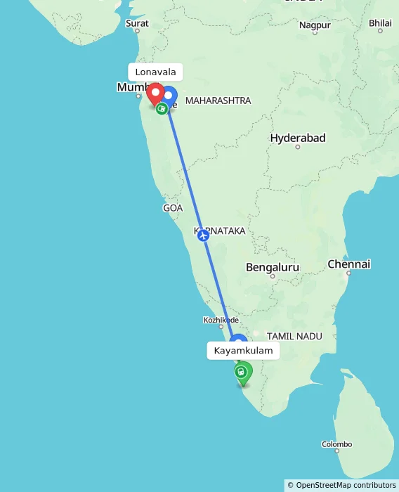 Route map showing distance and travel time from Kayamkulam, India to Lonavala, India