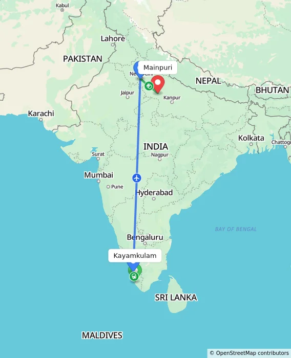 Route map showing distance and travel time from Kayamkulam, India to Mainpuri, India