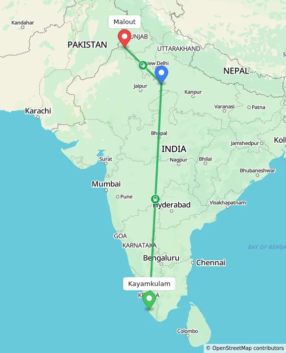 Route map showing distance and travel time from Kayamkulam, India to Malout, India