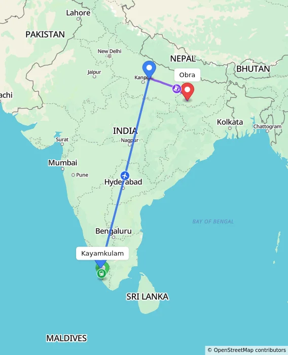 Route map showing distance and travel time from Kayamkulam, India to Obra, India