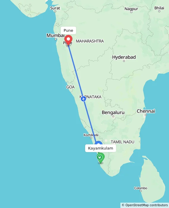 Route map showing distance and travel time from Kayamkulam, India to Pune, India
