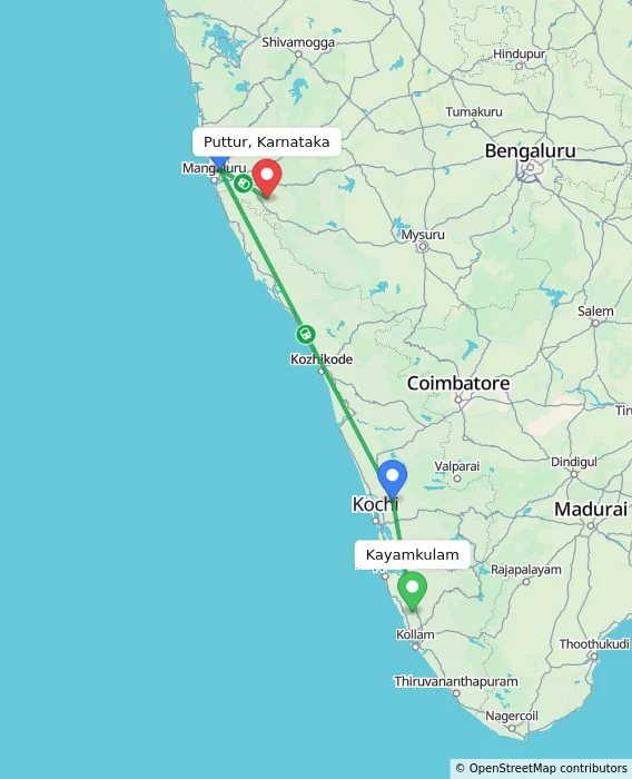 Route map showing distance and travel time from Kayamkulam, India to Puttur, Karnataka, India