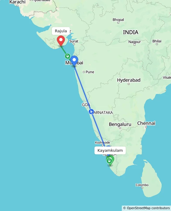 Route map showing distance and travel time from Kayamkulam, India to Rajula, India
