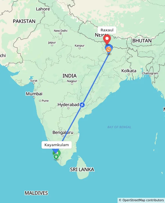 Route map showing distance and travel time from Kayamkulam, India to Raxaul, India