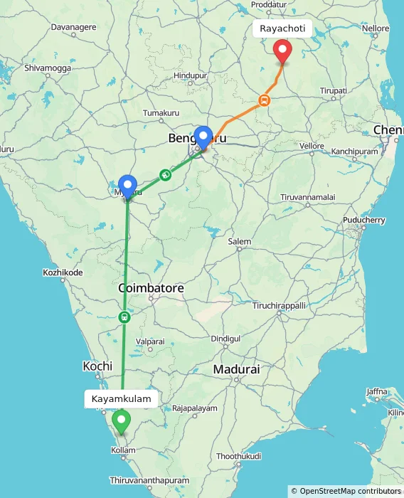 Route map showing distance and travel time from Kayamkulam, India to Rayachoti, India
