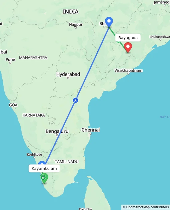Route map showing distance and travel time from Kayamkulam, India to Rayagada, India