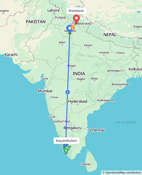 Route map showing distance and travel time from Kayamkulam, India to Rishikesh, India
