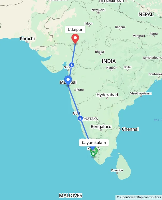Route map showing distance and travel time from Kayamkulam, India to Udaipur, India