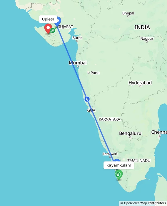 Route map showing distance and travel time from Kayamkulam, India to Upleta, India