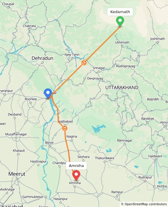 Route map showing distance and travel time from Kedarnath, India to Amroha, India