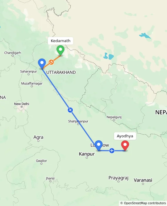 Route map showing distance and travel time from Kedarnath, India to Ayodhya, India