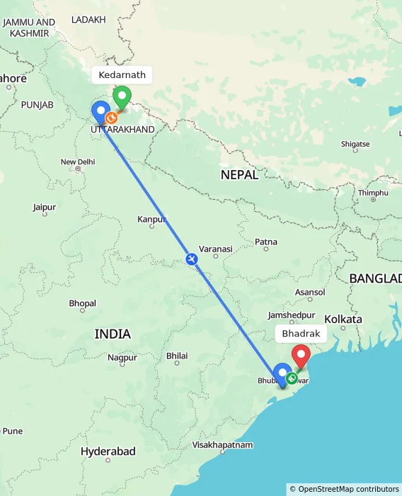 Route map showing distance and travel time from Kedarnath, India to Bhadrak, India