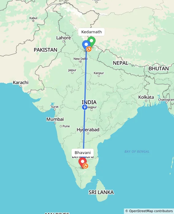 Route map showing distance and travel time from Kedarnath, India to Bhavani, India