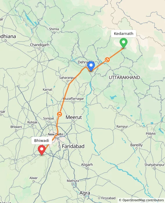 Route map showing distance and travel time from Kedarnath, India to Bhiwadi, India