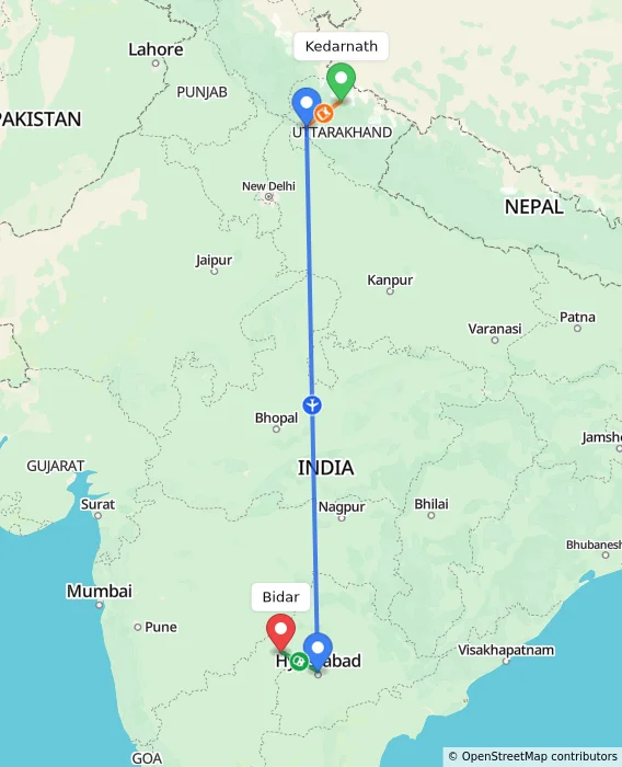 Route map showing distance and travel time from Kedarnath, India to Bidar, India