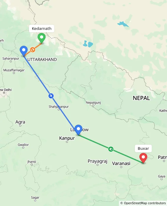 Route map showing distance and travel time from Kedarnath, India to Buxar, India