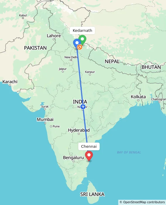 Route map showing distance and travel time from Kedarnath, India to Chennai, India