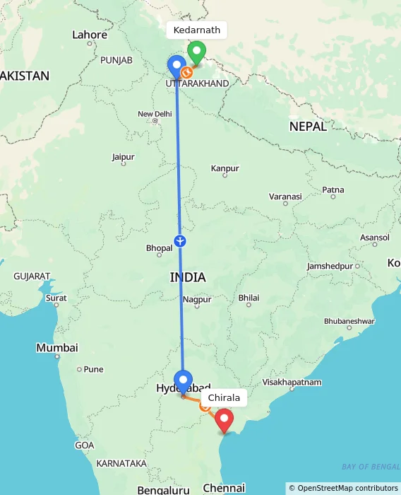 Route map showing distance and travel time from Kedarnath, India to Chirala, India