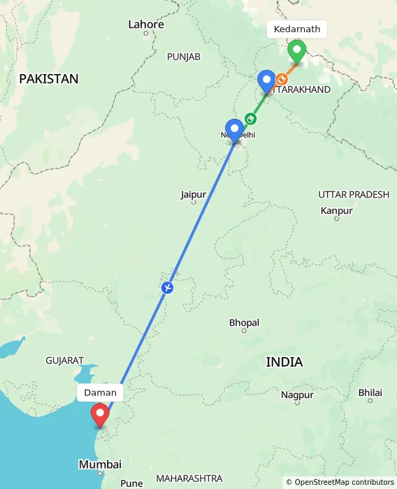 Route map showing distance and travel time from Kedarnath, India to Daman, India