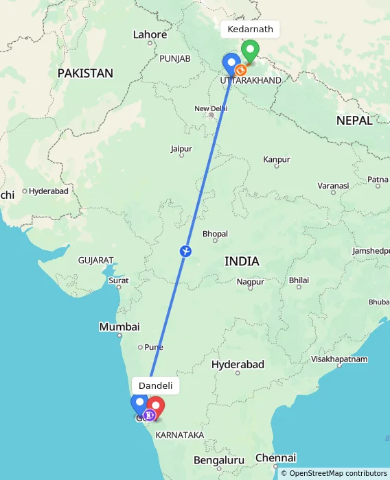 Route map showing distance and travel time from Kedarnath, India to Dandeli, India