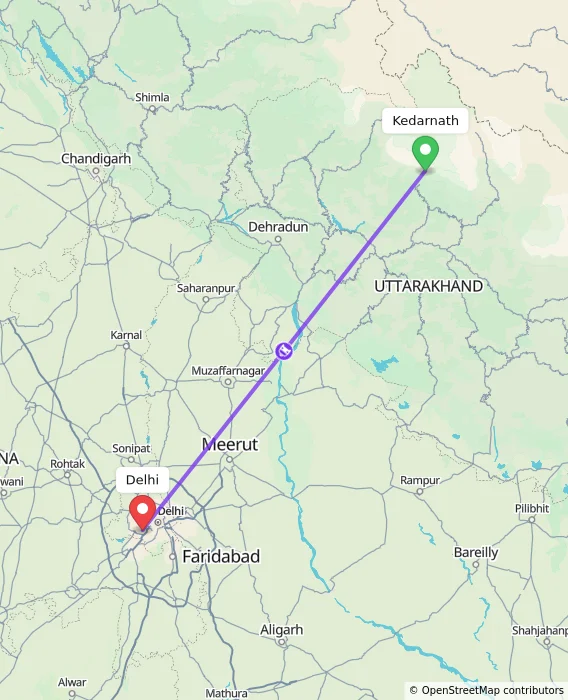 Route map showing distance and travel time from Kedarnath, India to Delhi, India