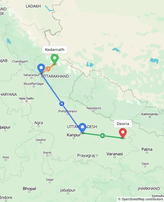Route map showing distance and travel time from Kedarnath, India to Deoria, India
