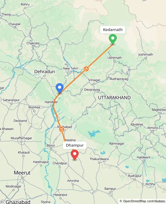 Route map showing distance and travel time from Kedarnath, India to Dhampur, India